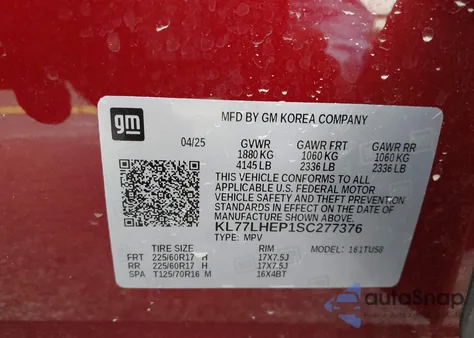 2025 Chevrolet Trax Fwd Lt from USA, damaged, VIN KL77LHEP1SC277376